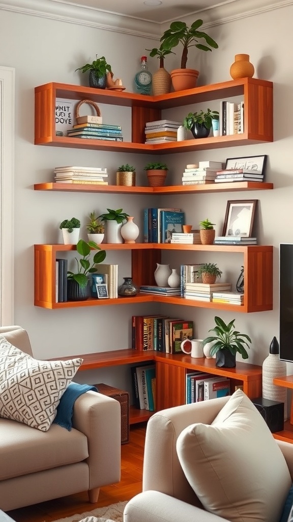 Wooden corner shelves filled with books and plants in a cozy living room.